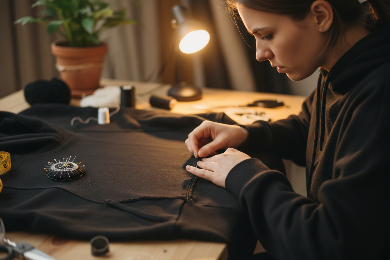 girl stitching black hoodie 
